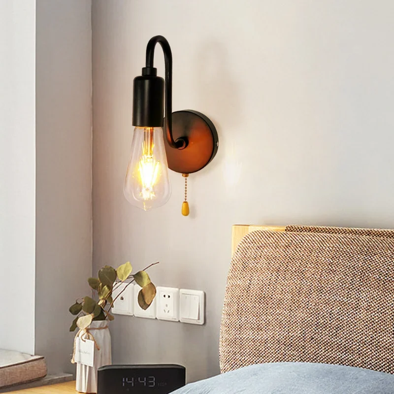 Nordic Industrial Wall Lamp Iron Black E27 Indoor Lighting Bedside Bathroom Bedroom Lamp Sconce Wall Light Fixture Decor