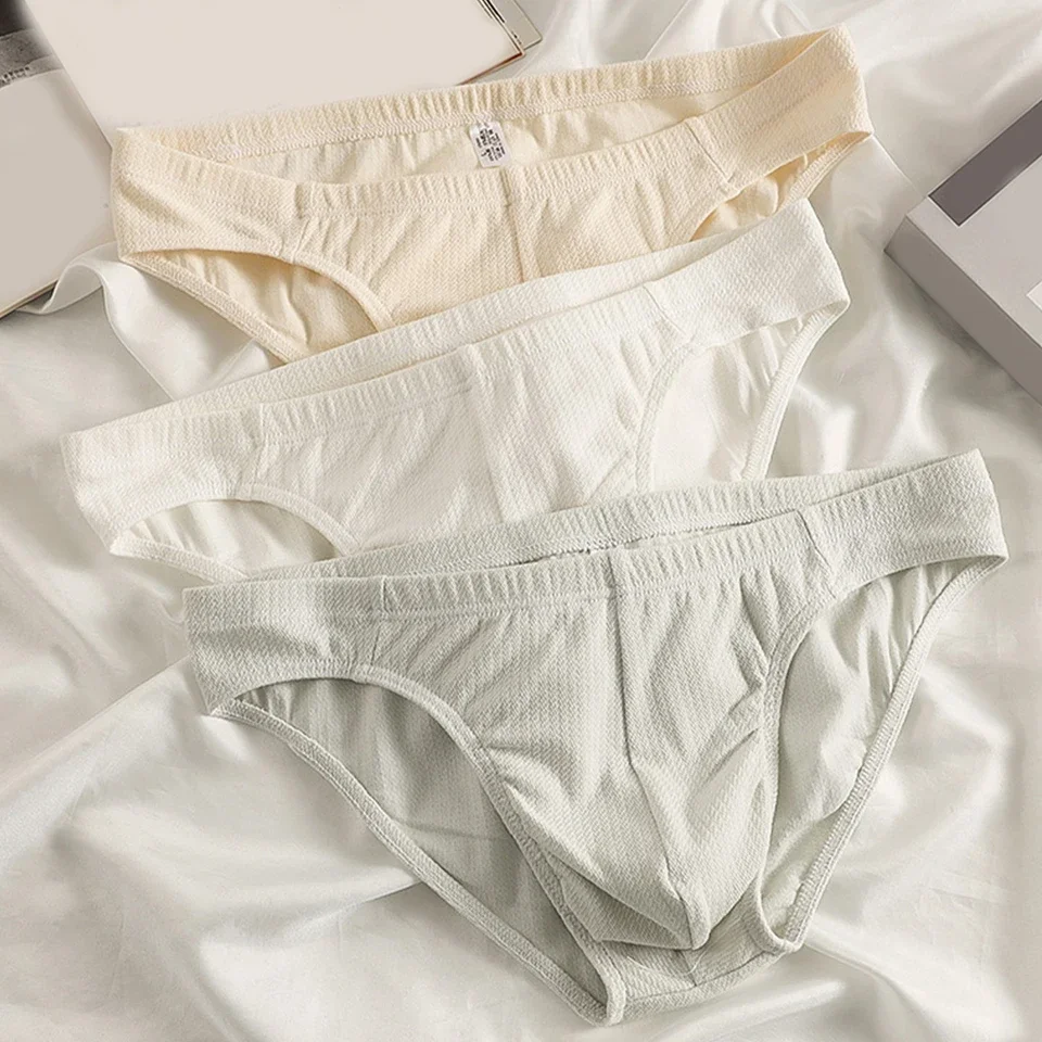 Men Threaded Cotton Brief Thin Breathable U Shape Pouch Underwear Low Waist Sexy Solid Color Panties M-2XL Large Size Briefs