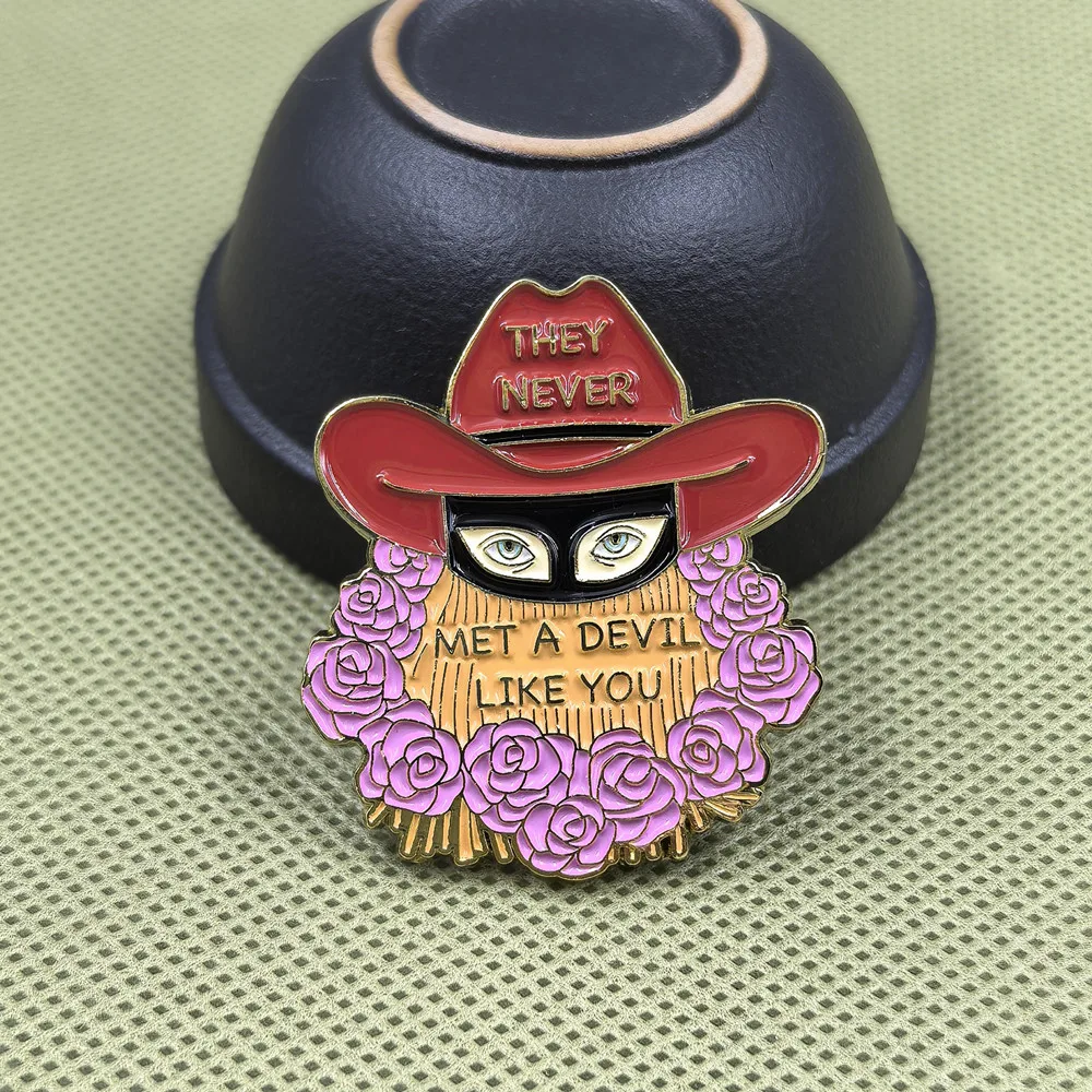Metal Hard Enamel Lapel Pin Cowboy Mask Purple Rose Brooch Badge for Jackets Backpack Hats, Country Gothic Music Fan Gift
