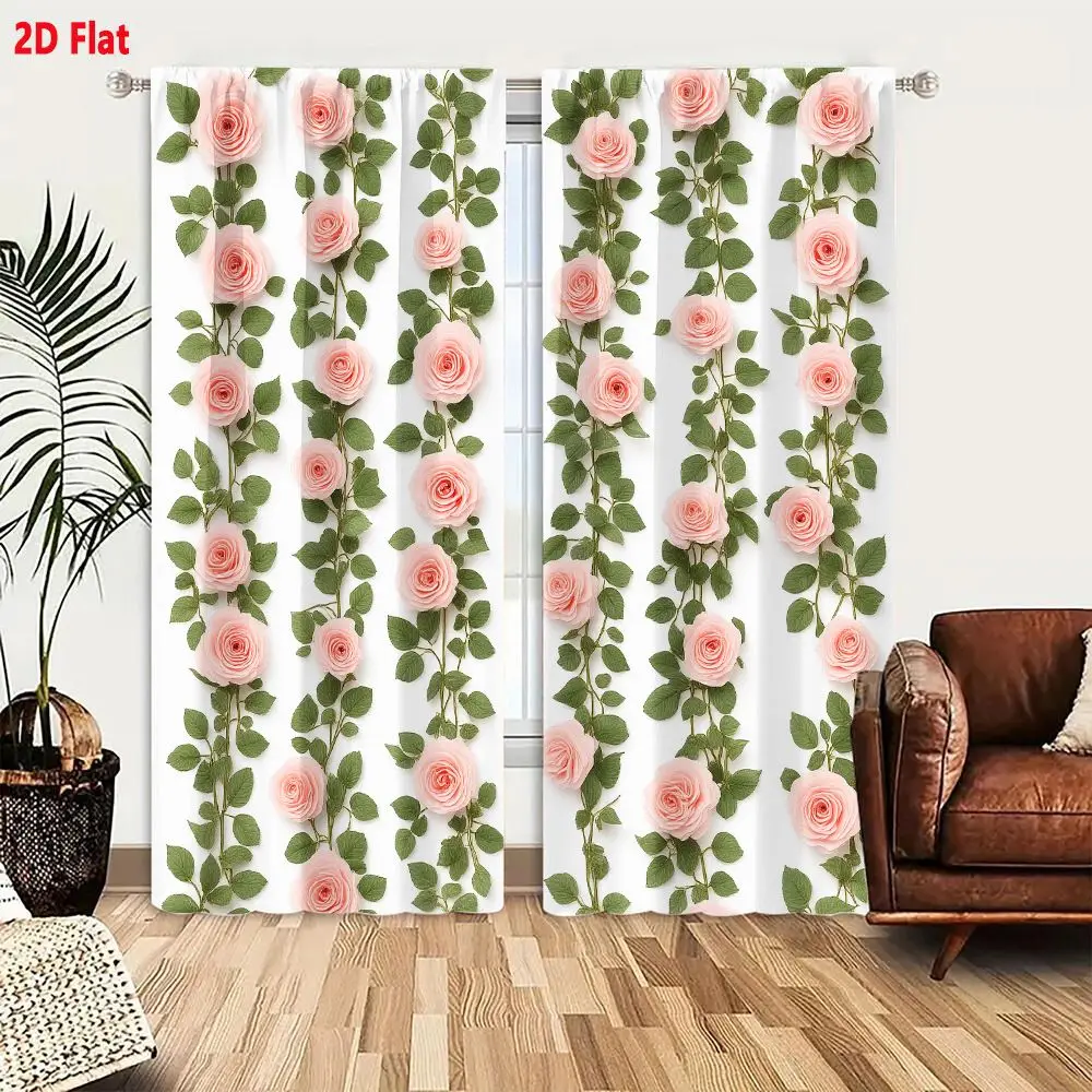 2Pcs Curtains 2D Flat Light Pink Roses And Green Leaves Vertical Rows Floral Arrangement Decorative Pattern Against White Backgr