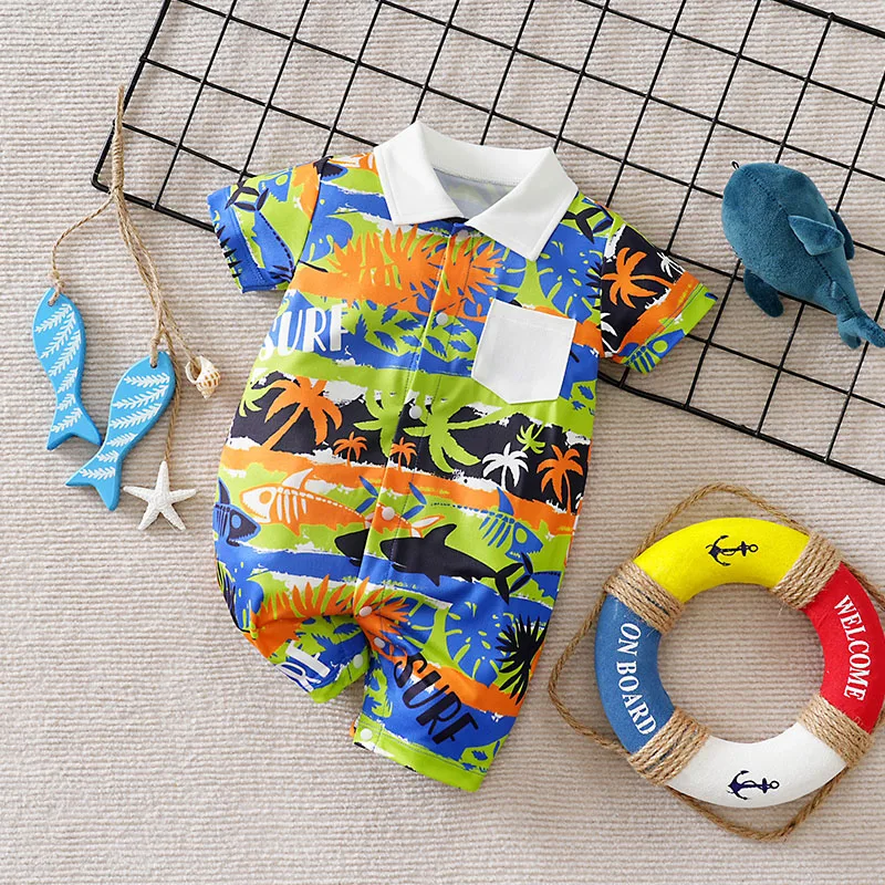 

Newborn Baby Romper Short Sleeve Hawaiian Surf Print Cotton Jumpsuit Infant Boys Lapel Shirt Style Onesie