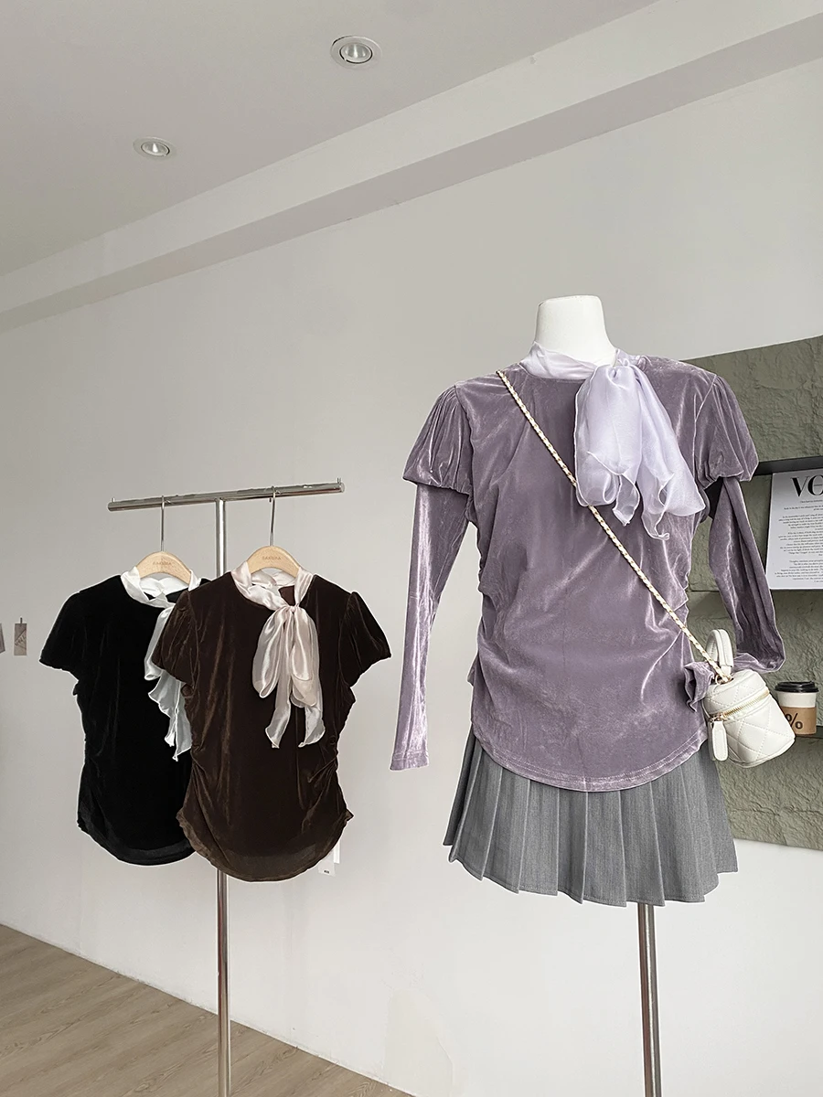 

Женский вельветовый топ с рукавами-фонариками, зимний, свободного кроя, блестящий, с декоративным узлом, длинный рукав, круглый вырез, полиэстер, повседневный стиль