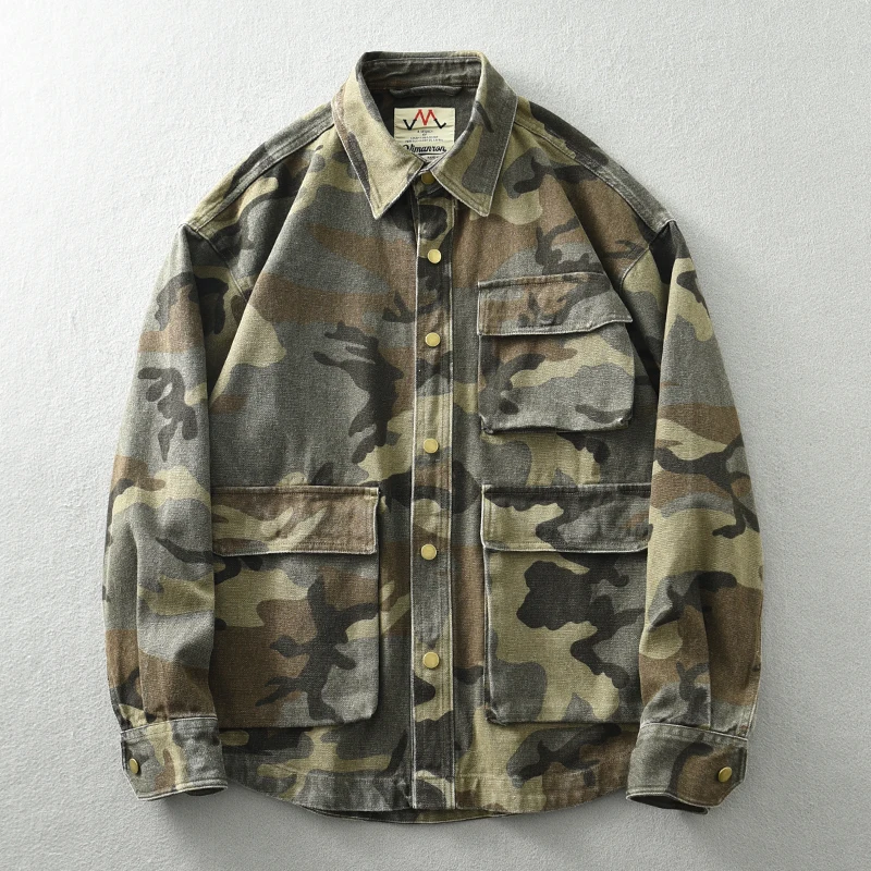 Vintage men's fashion wash to do old camouflage cargo shirt three-dimensional pocket design shirt jacket