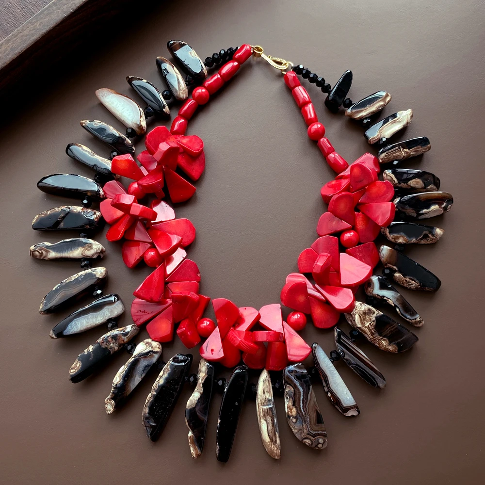 Vintage Ethnic Chunky Bib Necklace Red Petal Bead & Black Agate Slice Fringe Necklace Bold Big Statement Collar Necklace