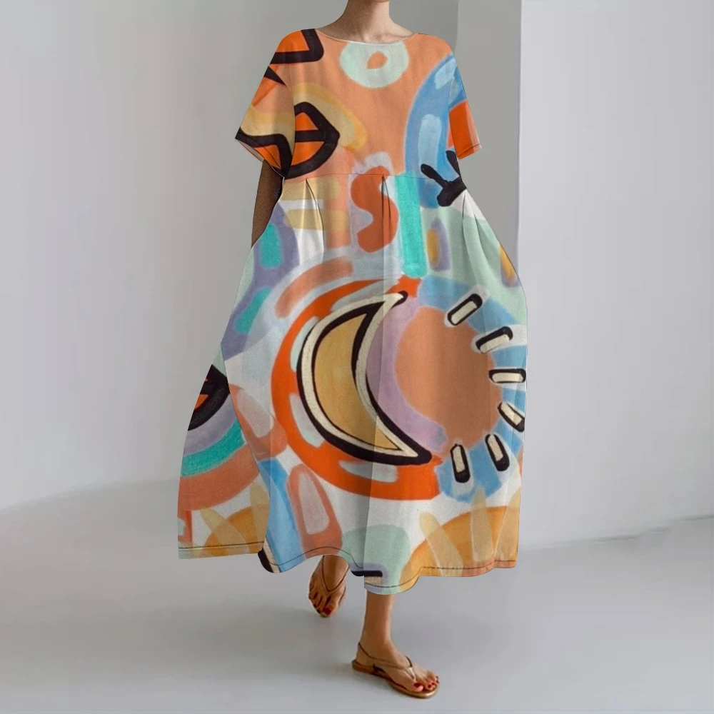 

Colorful Abstract Pattern Dress Artistic Shape And Color Dress Women’s Party Favors Wears Abstract Sun Moon Pattern Skirt