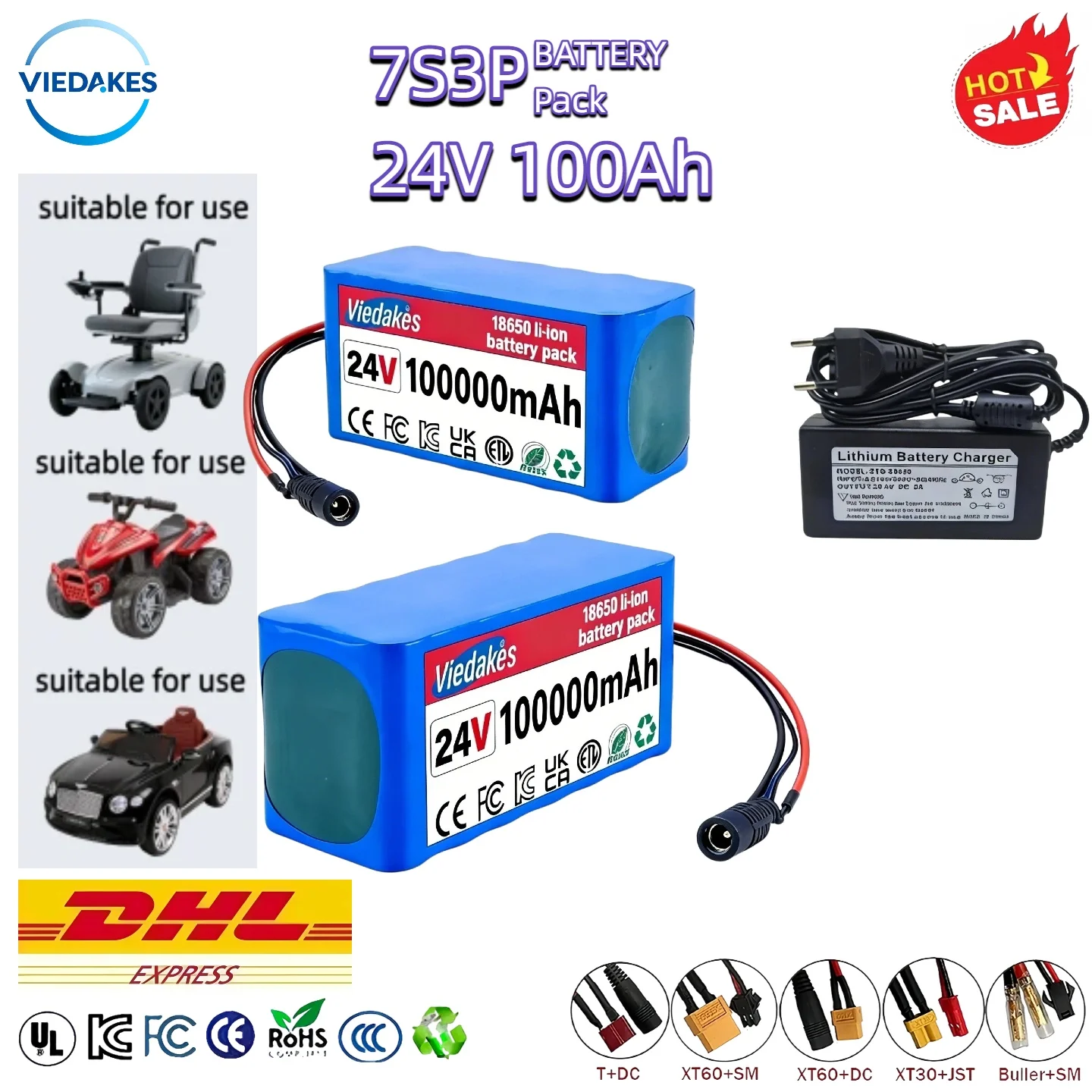 

Lifepo4 24v batteries Power Bank VIEDAKES Brand New 24V 100Ah 7S3P 18650 Battery Pack Long Lifespan For Outdoor Work