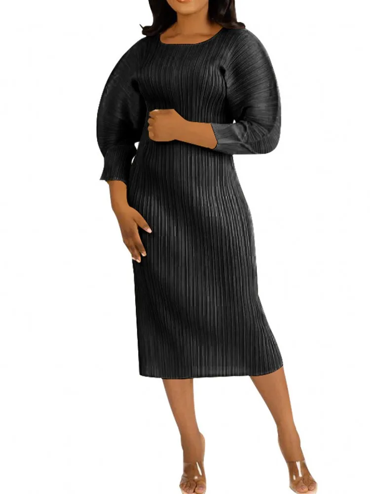 

Solid Color Pleated Dress Women's Clothing African Robe Sexy High Waist Middle Length Casual Dress Black Dress Vestido Feminino