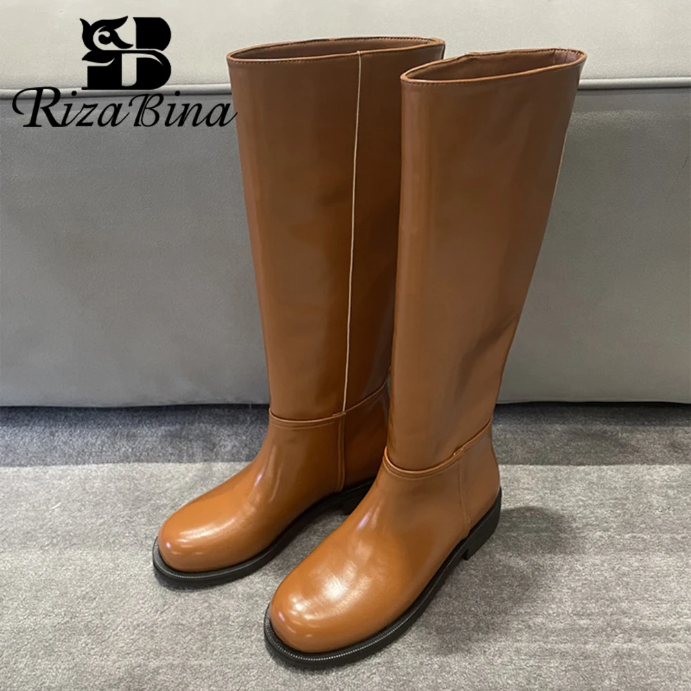 RIZABINA 2023 Ins Real Leather Knee High Boots For Women Thick Heeled Autumn Winter Warm Shoes Female Wide Calf Motorcycle Boots