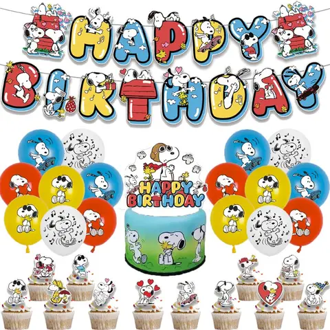 Snoopy – ensemble de décoration de fête d'anniversaire pour enfants, ensemble complet de décorations d'anniversaire, drapeau, étiquette de gâteau, ballon pour garçons et filles