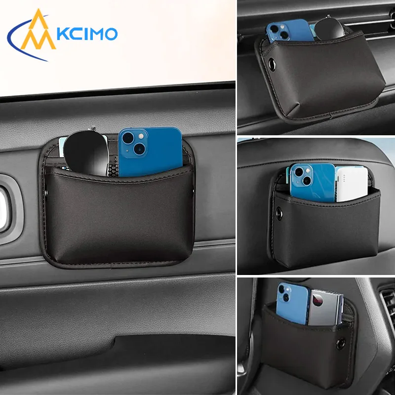 Bolsa de bolsillo organizadora de cuero PU negro para coche, bolsa para recoger tarjetas, caja de pasta para llaves de teléfono, bolsillo de almacenamiento autoadhesivo para coche