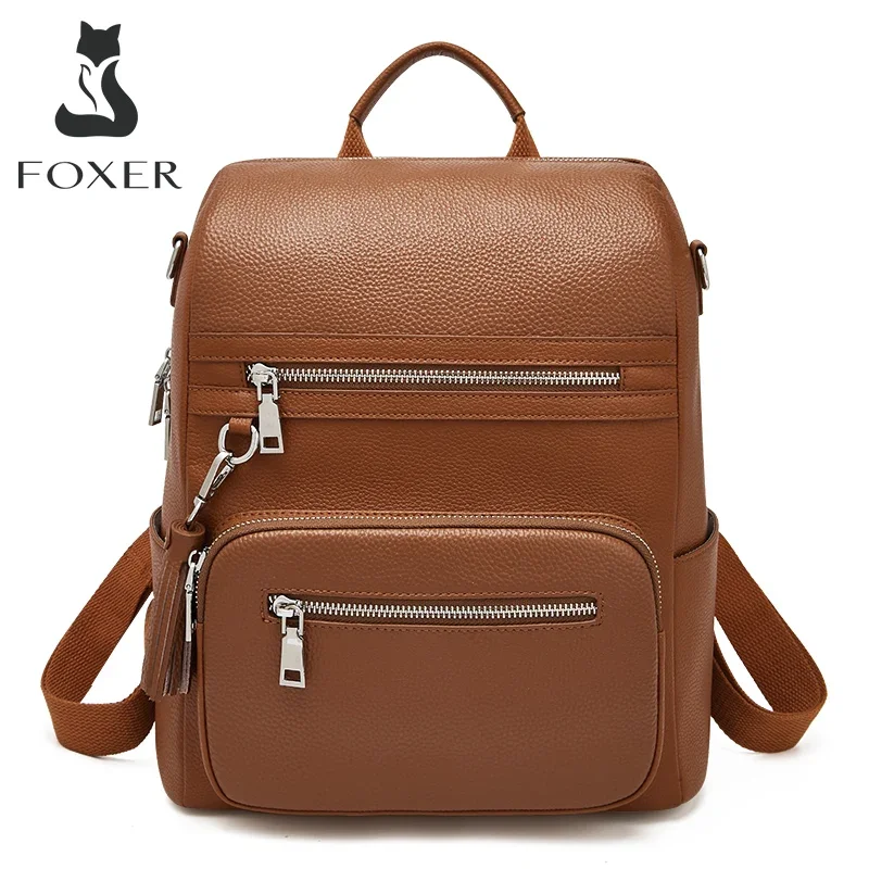 

FOXER Leather Girl‘s School Bag Simple Leisure Large Capacity Backpack For Women Travel Bag High Quality Lady Soft Shoulder Bags