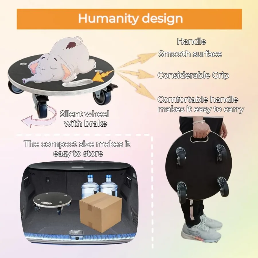 Dolly Platform Kayu Bulat 15 Inci dengan Roda TPR Senyap 2" dengan 2 Rem + 2 Tanpa Kapasitas Beban 551-lb Furnitu Kayu Tugas Berat