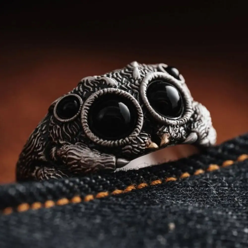 Black Agate Jumping Spider Ring Personalized Electroplated Copper Animal Open Rings Fashion Adjustable Opening Statement Ring