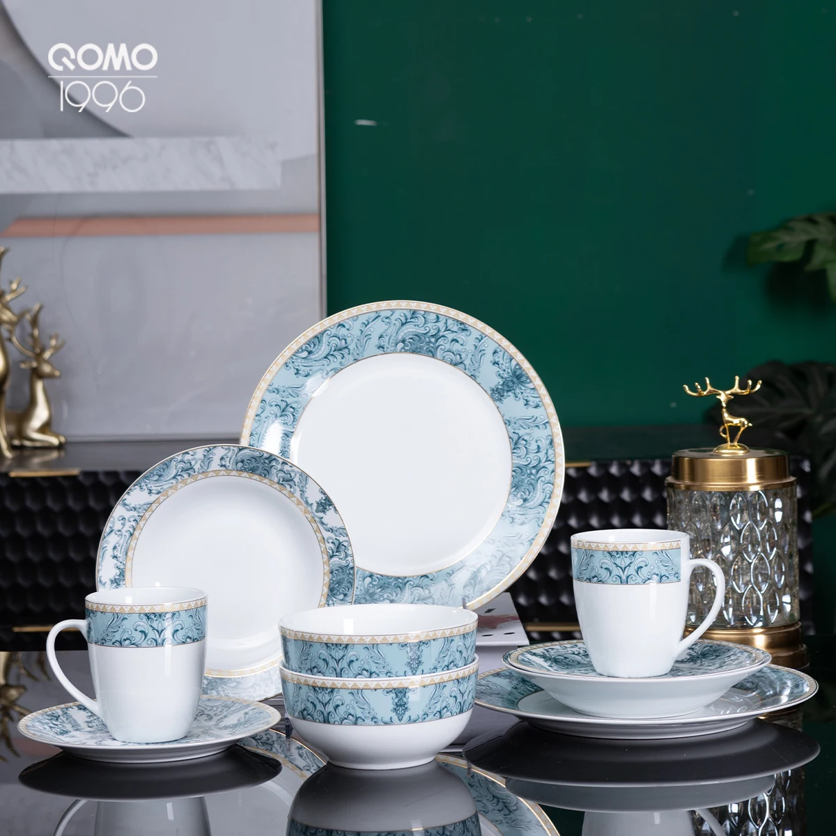 Fine Bone China Dinnerware Set 20Pcs Classic Relief Pattern Gilt Edged High Grade Porcelain Tableware Sets For 4 People