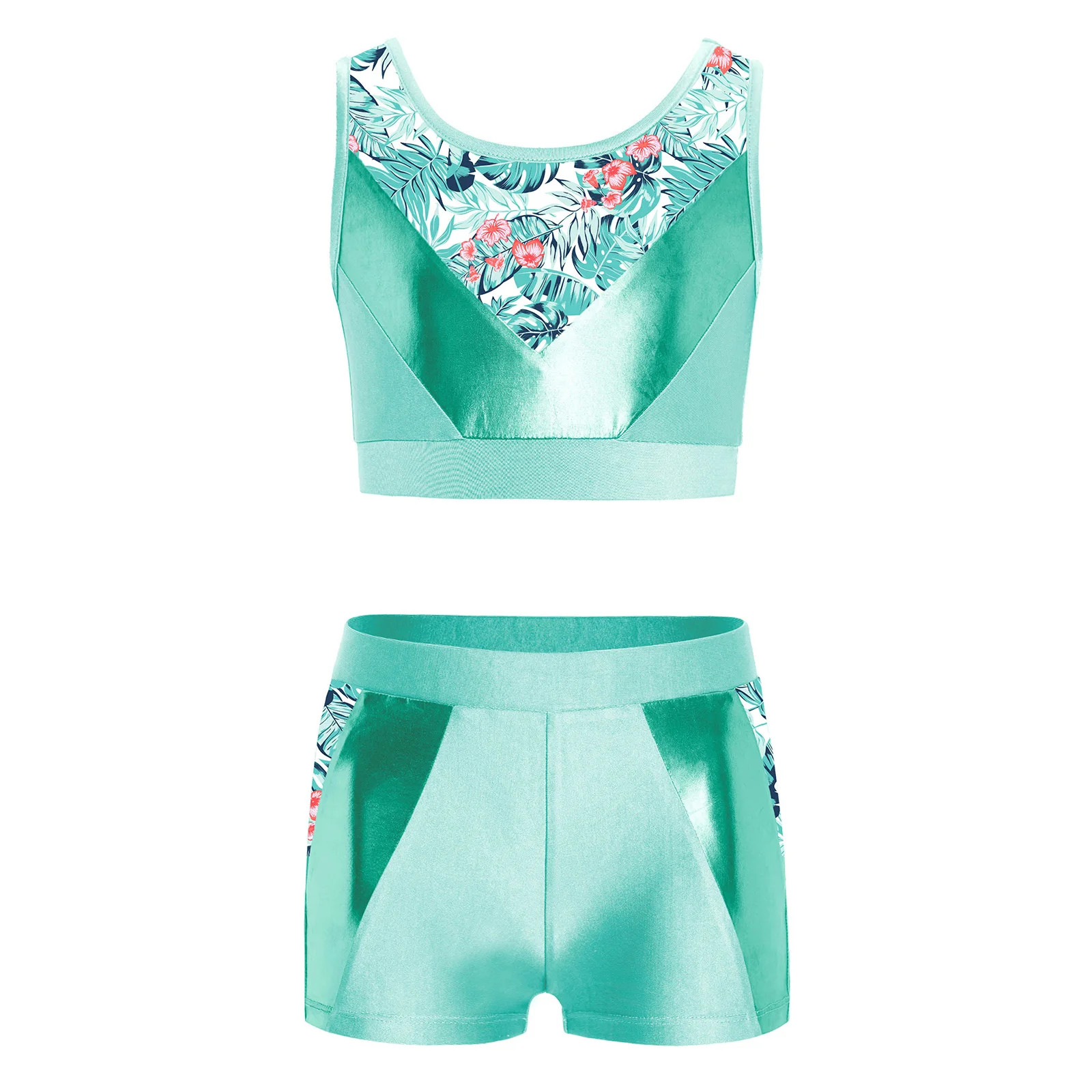 

Kids Girls Sports Tracksuits Gymnastics Workout Sets Sleeveless Metallic Printed Patchwork Crop Top with Shorts for Yoga Dance