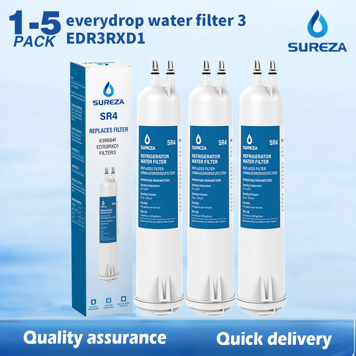 EDR3RXD1 Refrigerator Water Filter Replacement for Everydrop Filter 3, 4396841 4396710 Kenmore 46-9083 46-9030,1-5 Pack