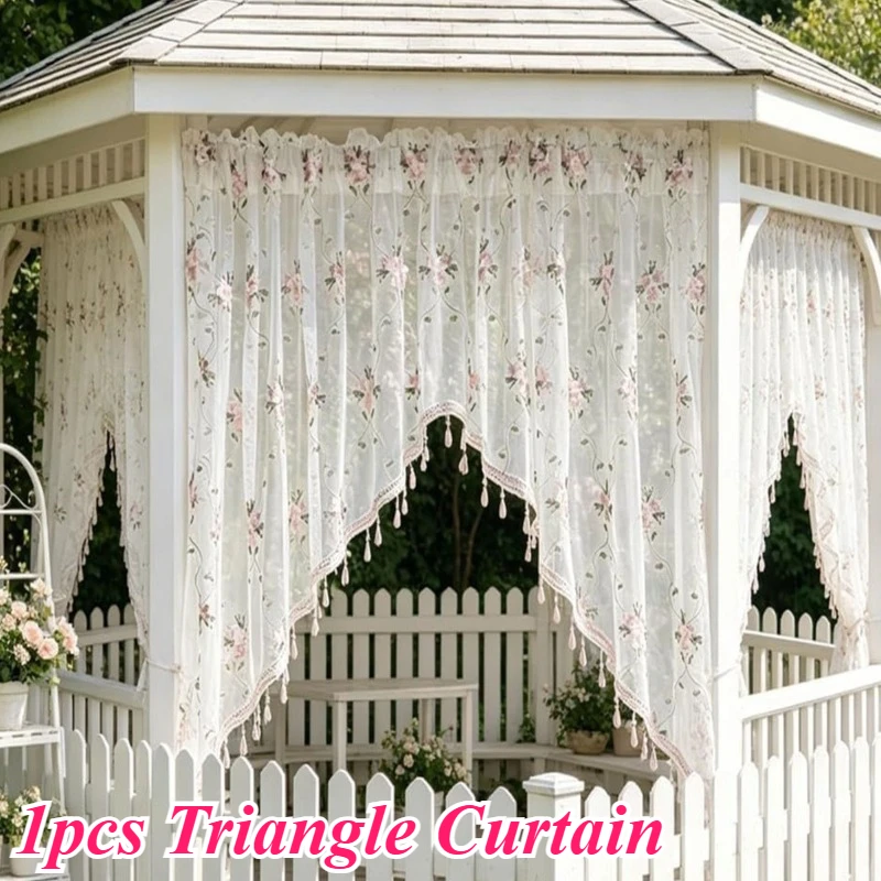 Rustic Triangle Curtain Lace Embroidery Flower Voile Window Drape with Beaded Cafe Half Curtain for Farmhouse Kitchen Decoration