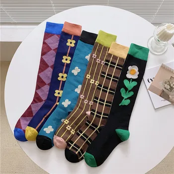 Chaussettes de veau en coton peigné, style européen et américain, art abstrait, longueur aux genoux, belles jambes, longues