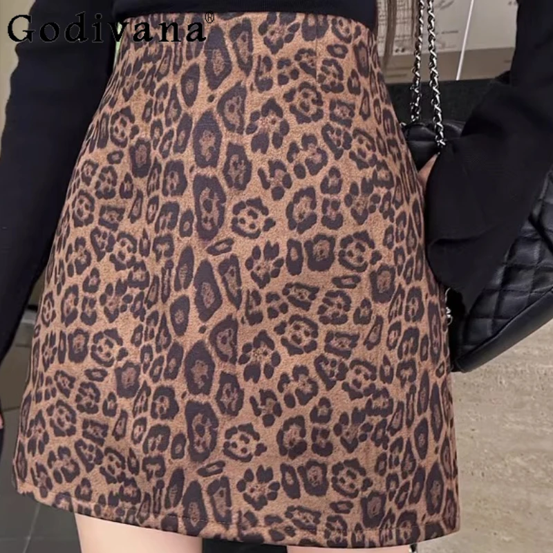 

Large Size L-4XL Dark Coffee Sexy Leopard Print Fashion Skirt Girl Autumn Winter Retro High Waist A-line Korean Short Skirts