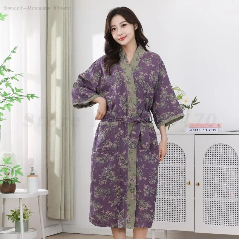 Cotton Gauze Bathrobe Kimono Gown Print Flower Sleepwear Home Wear Breathable Comfortable Robe Loungewear Loose Casual Nightgown 3