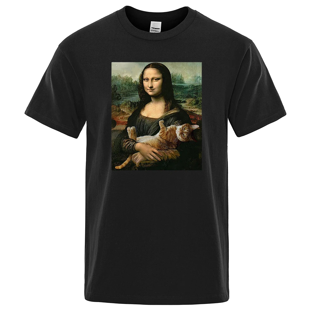 Mens T Shirts Mona Lisa Hugging Cat Lovely Cute Printed T-Shirt For Men O-Neck Gothic Male Tshirt Harajku Tee Shirts Hip Hop