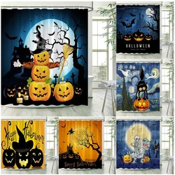 Funny Pumpkin Shower Curtains Black Cat Bat Castle Halloween Night Landscape Waterproof Fabric Bathroom Curtain Decor With Hooks