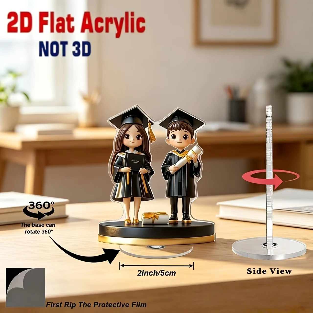 2D Flat, 1pc 2D Flat Rotating Acrylic Desktop Decoration with a Graduation Figurine, Suitable for Any Office or Study Space, Cel