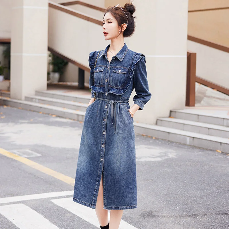 

Ruffles Elegant Women Denim Dress Single Breasted Slit Female Jean Dresses 2023 New Spring Summer Long Sleeved Shirt Dress