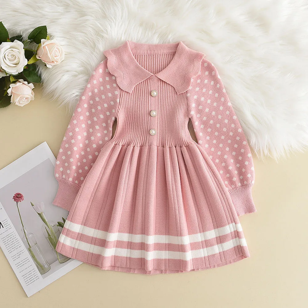 Girl Baby Sweater Knitted Dress Warm Sweater Dress Polka Dots Girls Infant Casual Pleated Princess Dresses Vestidos