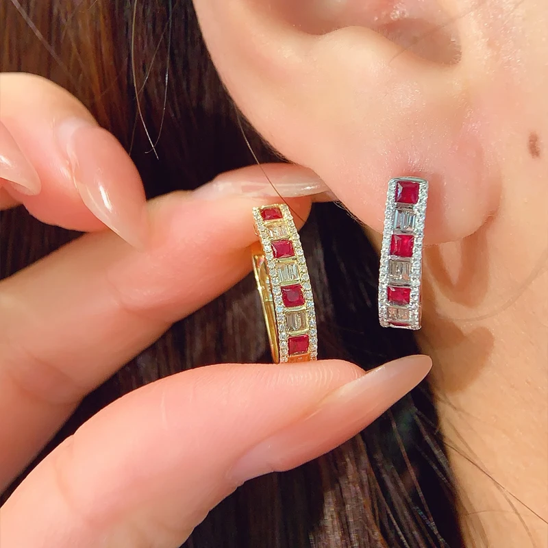 Aazuo 18K Fine Jewelry Pure Solid Yellow Gold Natural Ruby Real Diamonds Fairy Geometry Hoop Earring Gifted For Women Birthday