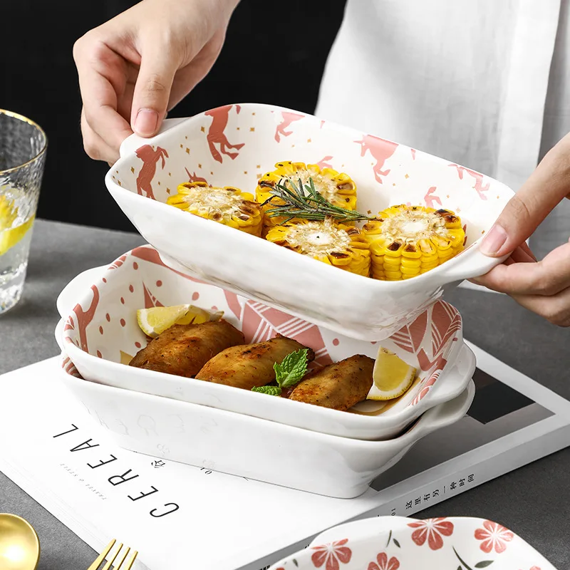 Embossed hand-painted underglaze ceramic tableware household salad deep baking pan binaural rectangular cheese baked rice bowl 4