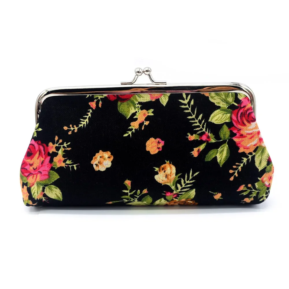 Women Canvas Fabric Big Rose Pattern Zero Coin Purse Two Metal Button Pocket Coin Pouch Key Credit Card Holde Phone Case Wallet