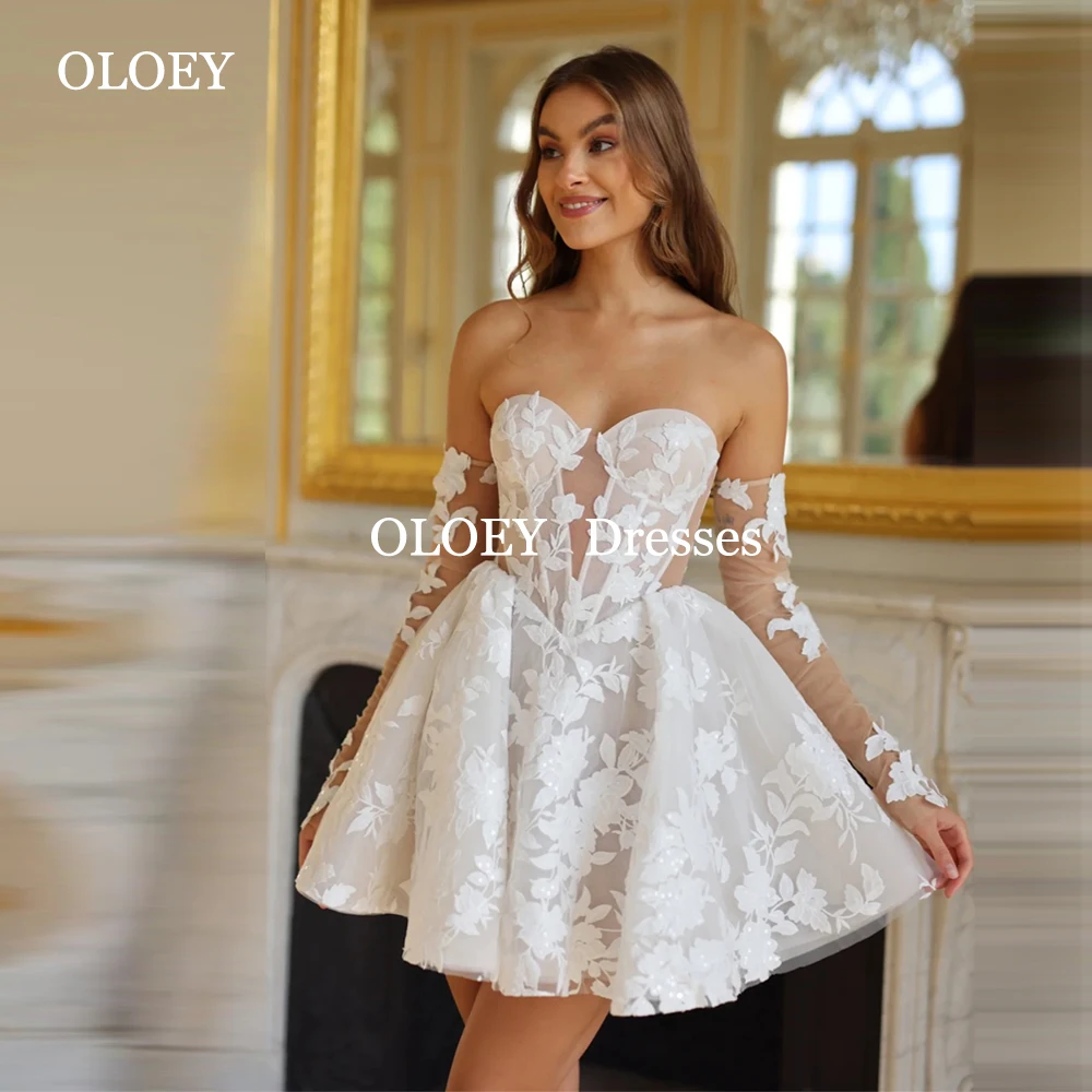 

OLOEY Sexy Lace Puffy Short Wedding Dresses Sweetheart A Line Mini Bride Gown with Detachable Sleeves Customized Robe de mariage