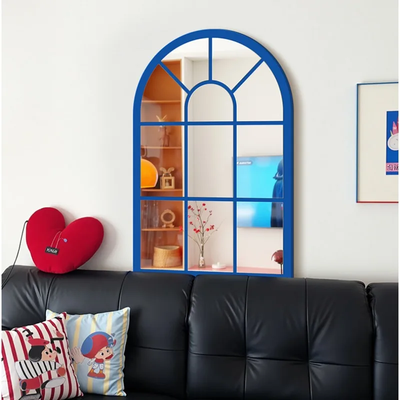 Living room sofa background wall false window mirror, entrance door dining room wall creative painting