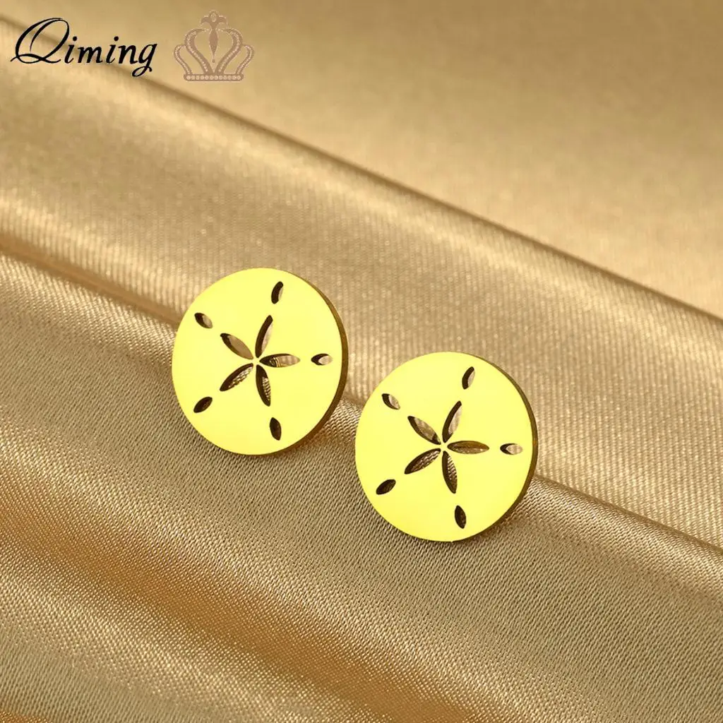 QIMING Handmade Sand Dollar Stud Earrings Women Stainless Steel Jewelry Cute Shell Pendientes  Minimalist Gift