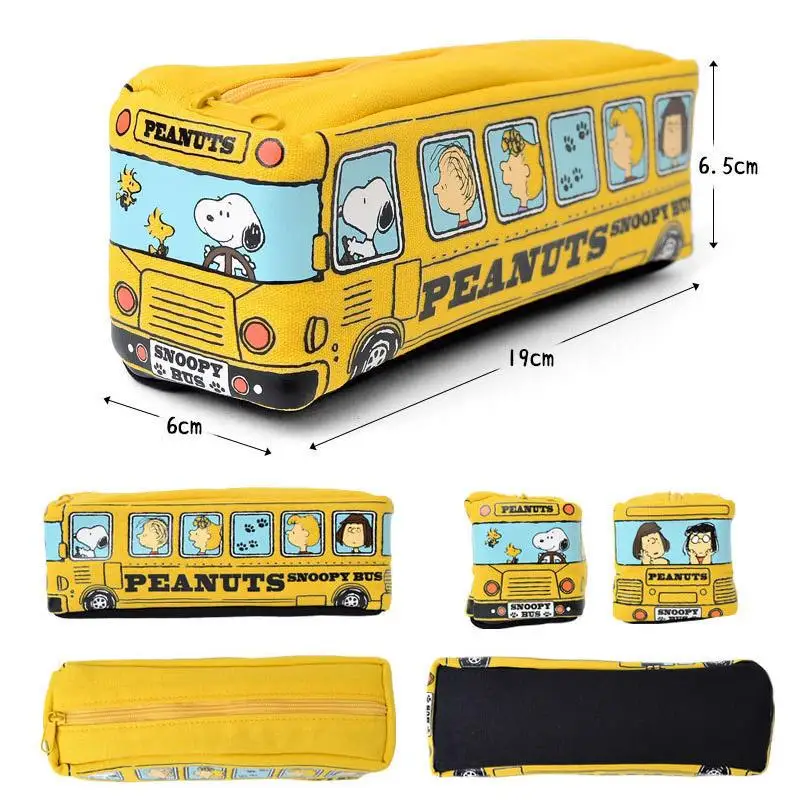 Peanuts Pencil Case Cartoon Charlie Snoopy Stationery Box Bus Square Pencil Case Cute Student Car Stationery Box Gift Canvas