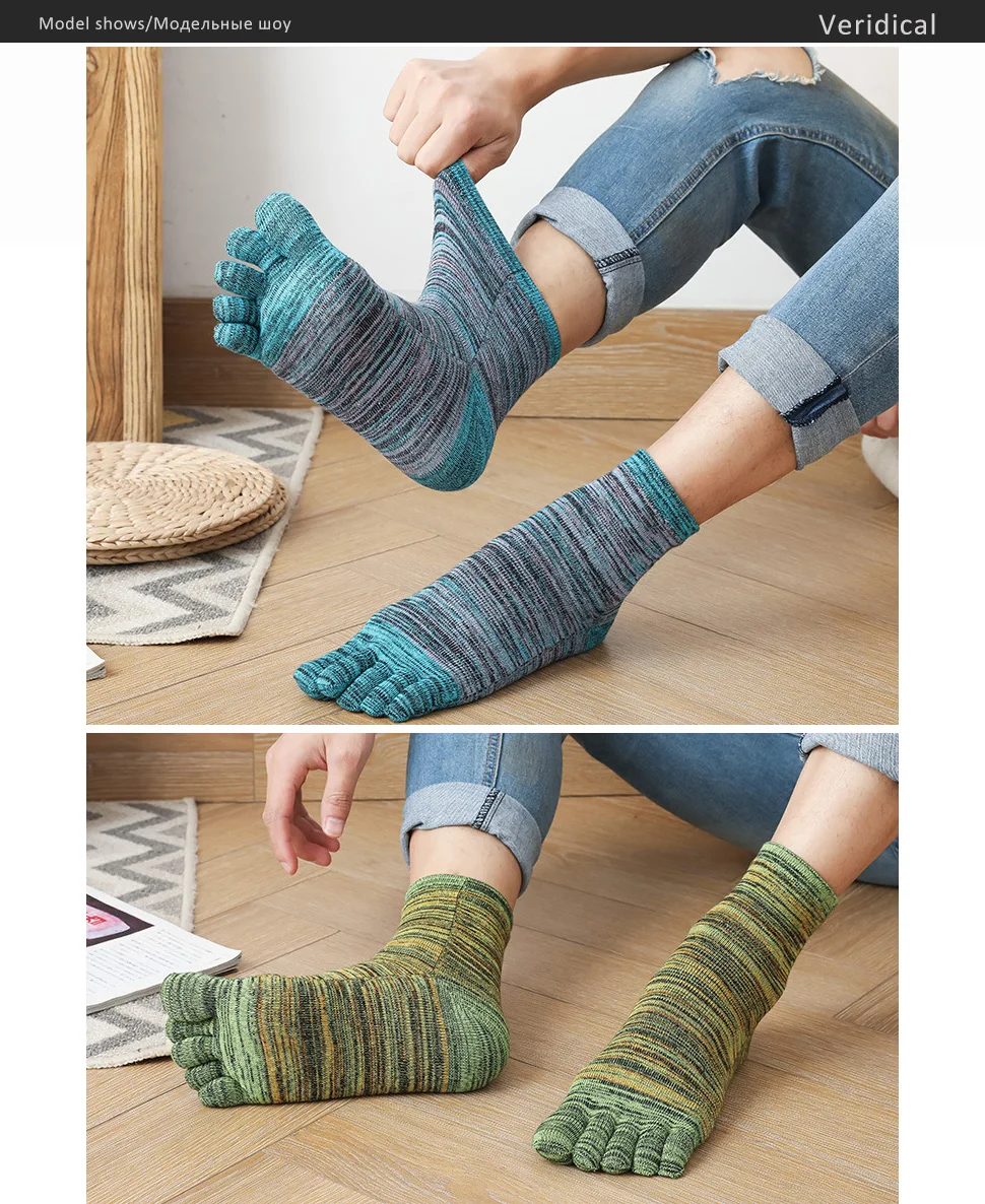 1/5 Paar bunte 5-Finger-Socken für Geschäftsmann, Baumwolle, gestreift, jung, lässig, schweißabsorbierend, fröhliches Partykleid, kurze Zehensocken – Detail 3