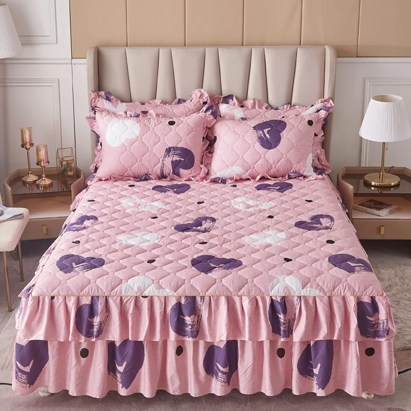 Romantic Love Heart Bed Skirt Ruffle Cotton Clip Bed Sheet Dustproof Bedskirts Thick Quilted Bed Cover With Quilted Pillowcases