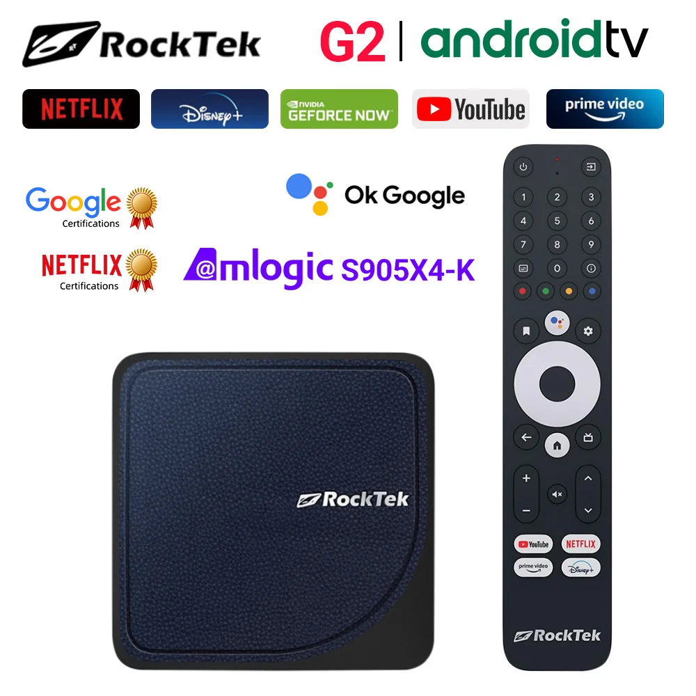 Amlogic S905X4-K RockTek G2 4K Android TV 12 Stream Box with Netflix Google Certified 4G64G Support DTS Dolby Audio Dolby Vision