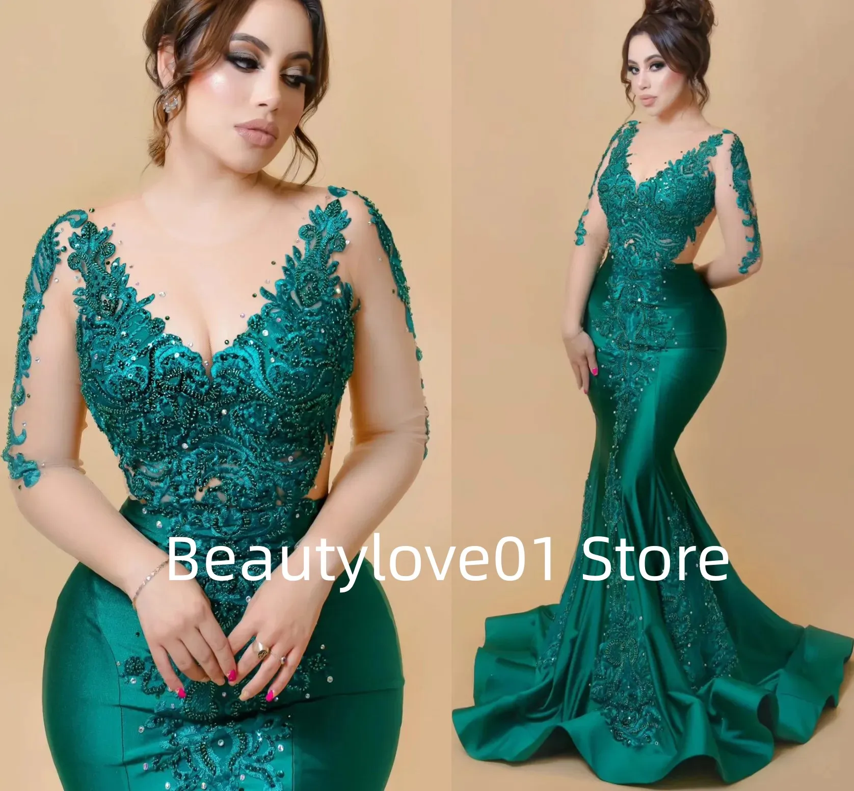 2024 Green Deep V Evening Dress Ball Dress Green Sticker Collar Sequin Long sleeved Mermaid Style Ball Dress Formal OccasionRobe