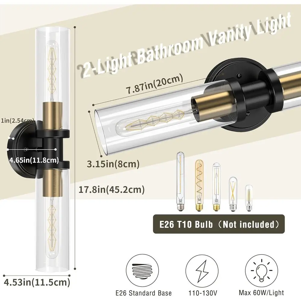 أضواء الحمام المزدوجة الخفيفة باللونين الأسود والذهبي مع شمعدانات جدارية وتركيبات نحاسية حديثة تتميز بظلال زجاجية #2