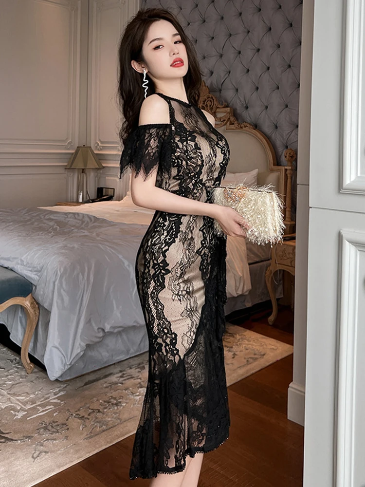 Vêtements pour femmes Robe Socialite élégante dame Sexy broderie volants épaules nues queue de poisson Robe Feminino fête bal robes