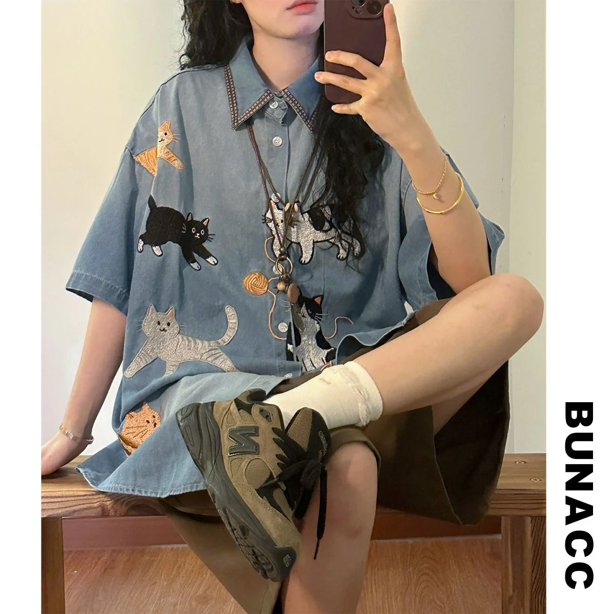 

BUNACC2026 Summer Casual Loose Short Sleeve Embroidery Denim Shirt Women's Versatile Comfortable Fashionable Breathable