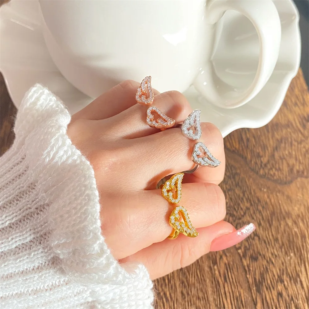 Korean Style Angel Wings Ring Adjustable Rhinestone Finger Rings For Women Silver Color Female Party Birthday Jewelry Gift image 2
