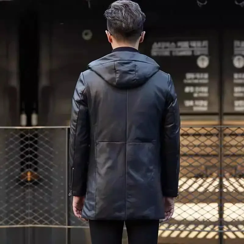 Abrigo de cuero genuino para hombre, chaqueta acolchada de piel de oveja con capucha de longitud media, Control de acceso desmontable para invierno