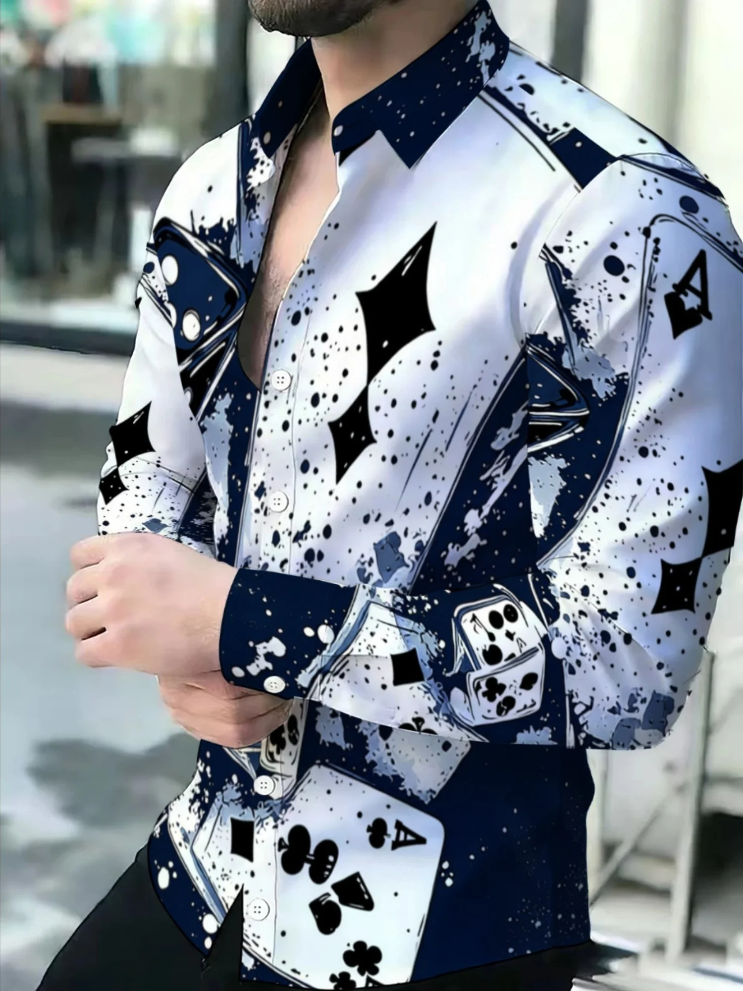Men Poker Card Dice Splash Ink Print Long Sleeve Shirt Lapel Collar Button‑Up Polyester Party Blouse