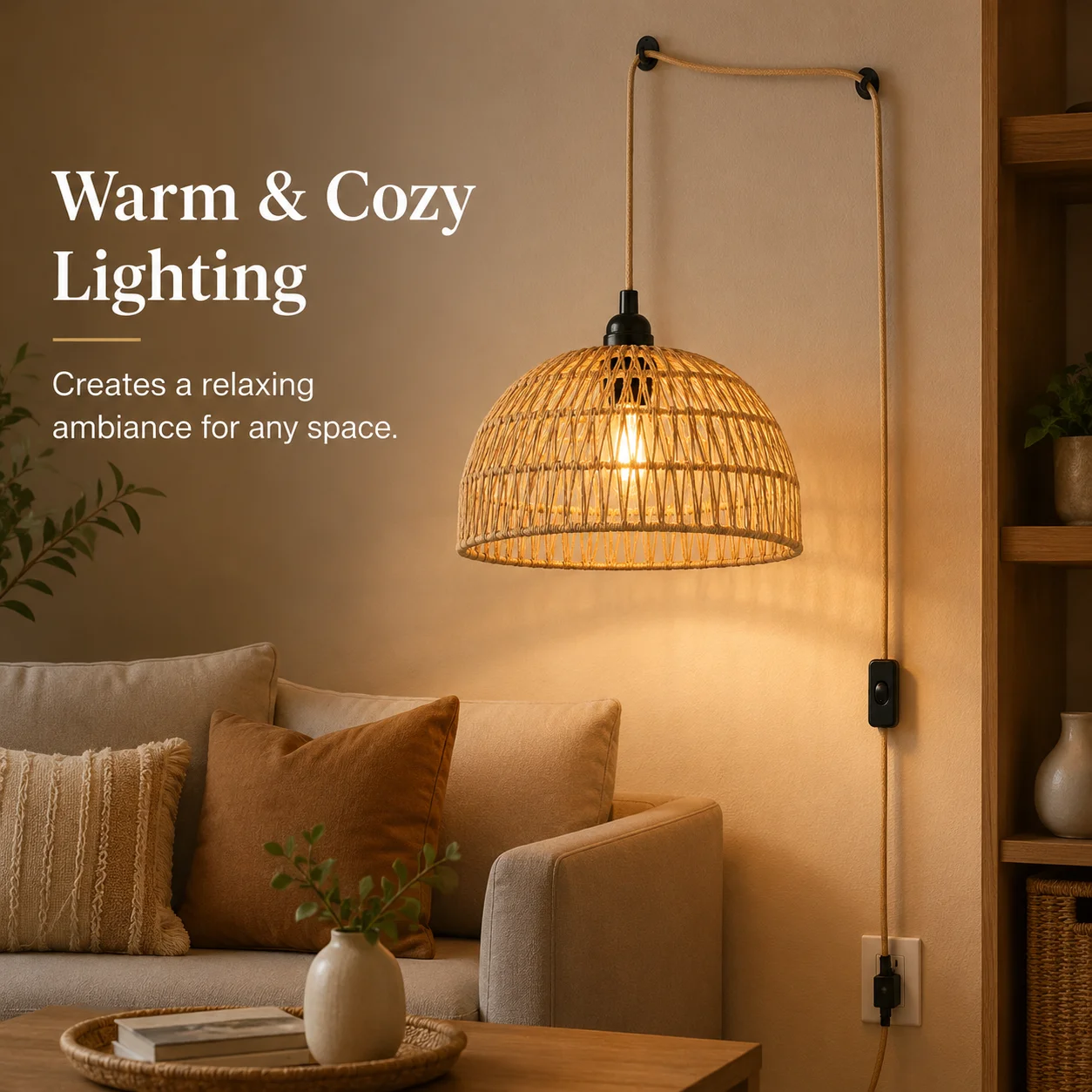 JOYINLED Boho Pendant Light Plug in Cord Rattan Hanging Lamp Hand Woven Hanging Lamp for Living Room Bedroom Dining Room Kitchen