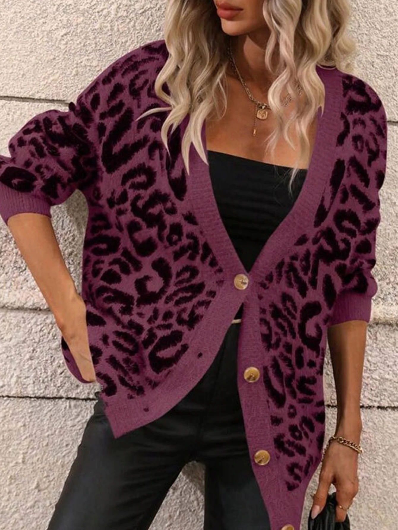 Solto de malha manga longa com decote em v leopardo impressão camisola casaco para mulheres outono inverno novo estilo casual outerwear