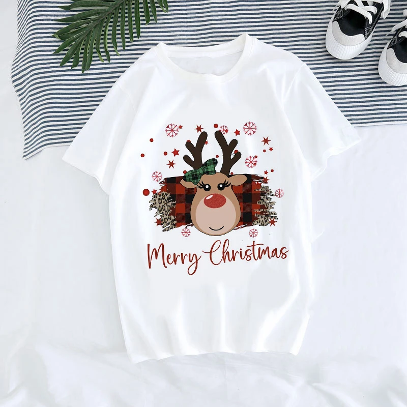 New Merry Christmas Reindeer Printed Cotton T-Shirts Men Women Short Sleeve T Shirt Oversized Harajuku Unisex Tees Tops Clothing