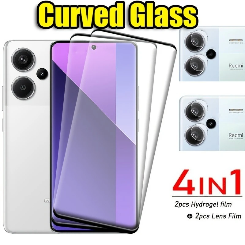 2 Stück gebogene Displayschutzfolie aus gehärtetem Glas mit 2 Stück Objektiv-Kamerafolie für Xiaomi Redmi Note 13 14 Pro Plus 12 11 10 Pro Glas